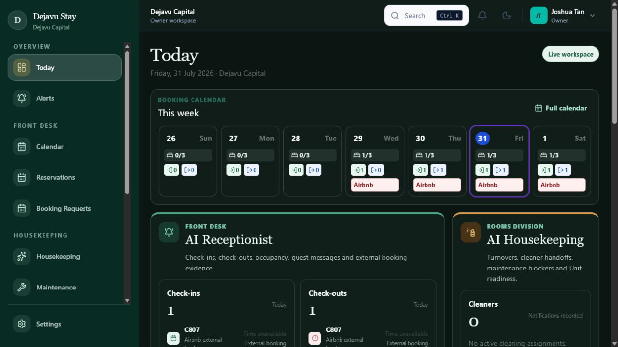 Dejavu Stay Today workspace showing bookings and operating status